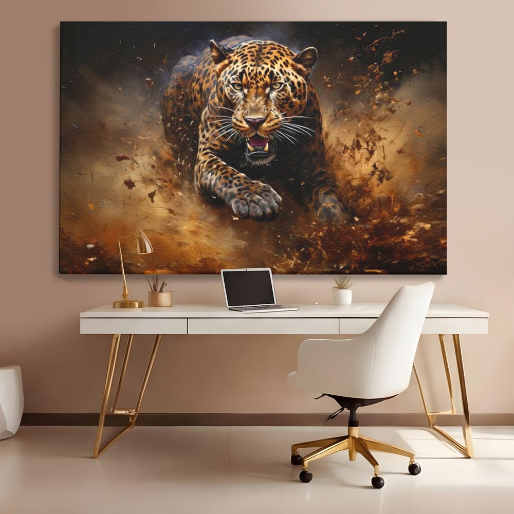 Tablou canvas cu tablou canvas cu leopard in alergare, fara rama, pe sasiu de lemn, pe perete intr-un birou